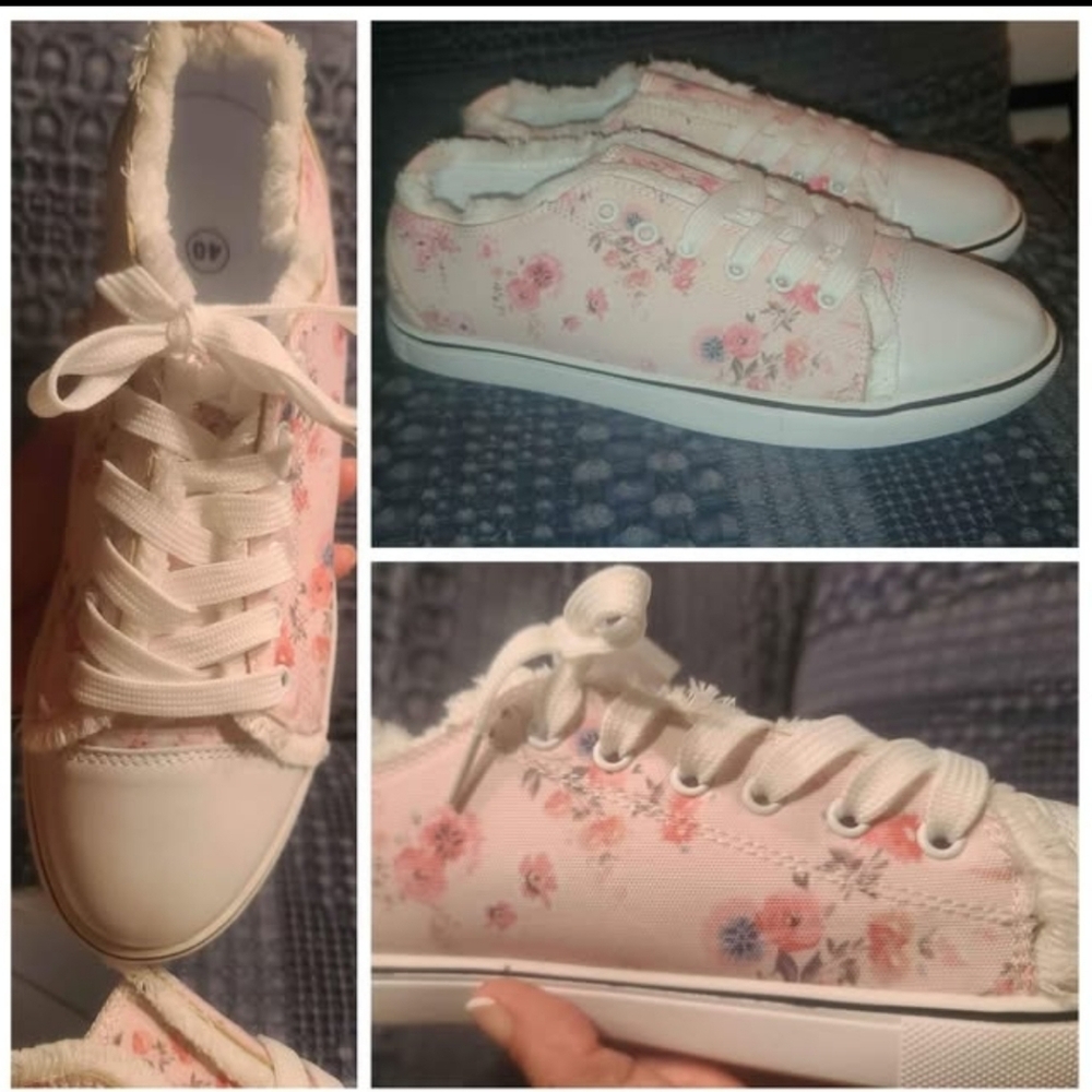 NEW Floral Fashion Sneakers Size 40 / 7.5 - 8 Pretty, soft pink w/dainty flowers